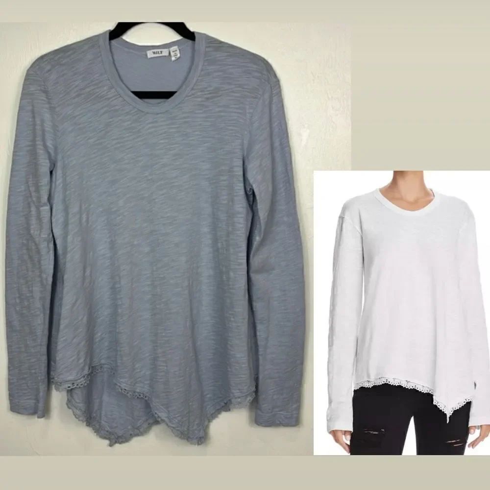Wilt Lace-Trim Asymmetric Long Sleeve Round Neck Tee In Blue Size XS